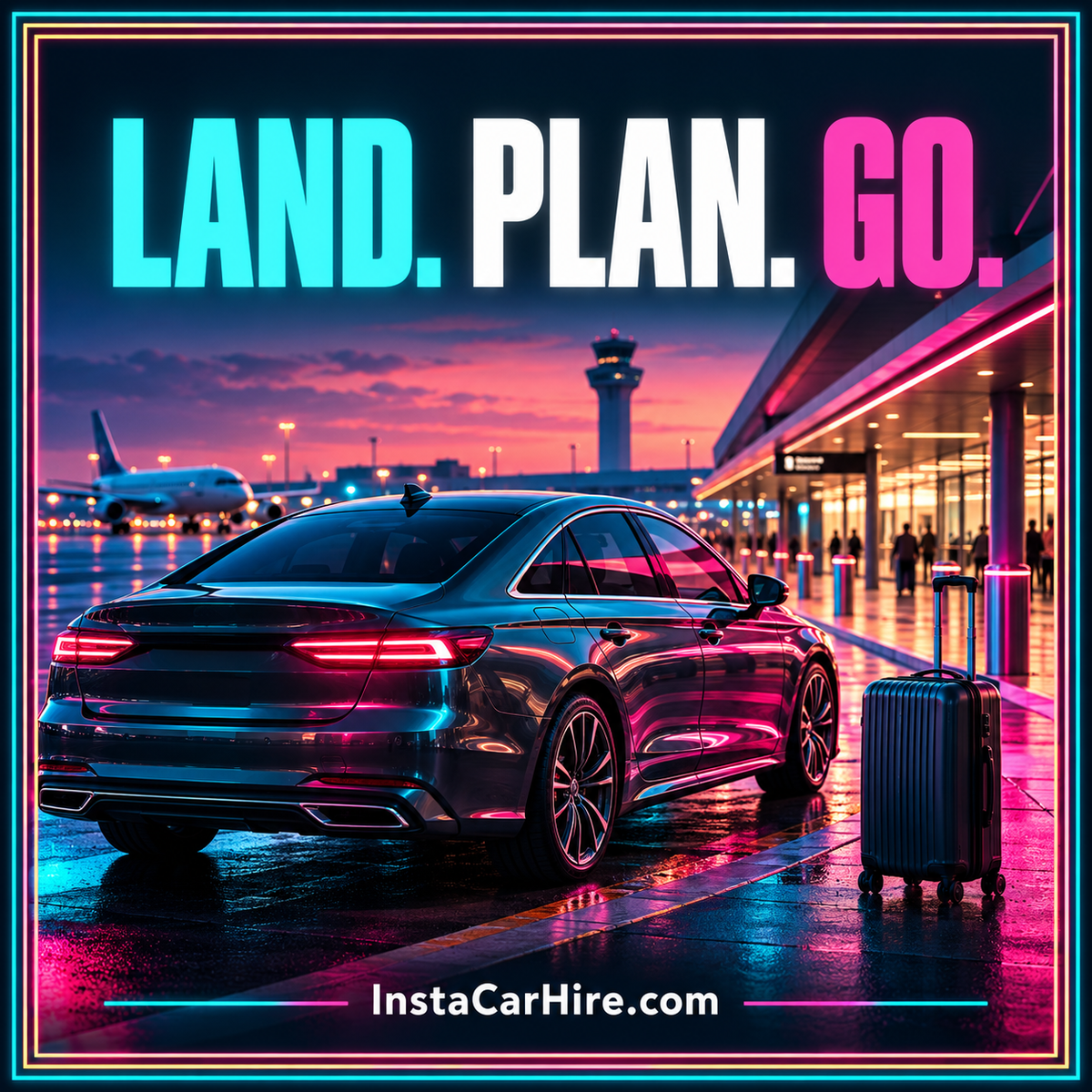 Airport arrival and car hire pickup planning illustration from InstaCarHire.com