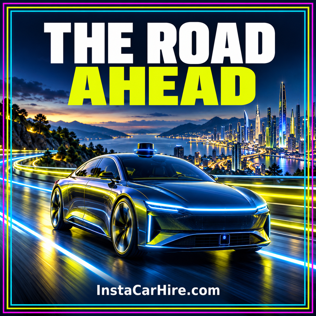 InstaCarHire future mobility illustration of a driverless passenger vehicle within a defined city service area